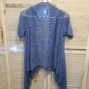 Energe World Wear Blue Lace Knit   Short Sleeve Open Front Cardigan Women Size M